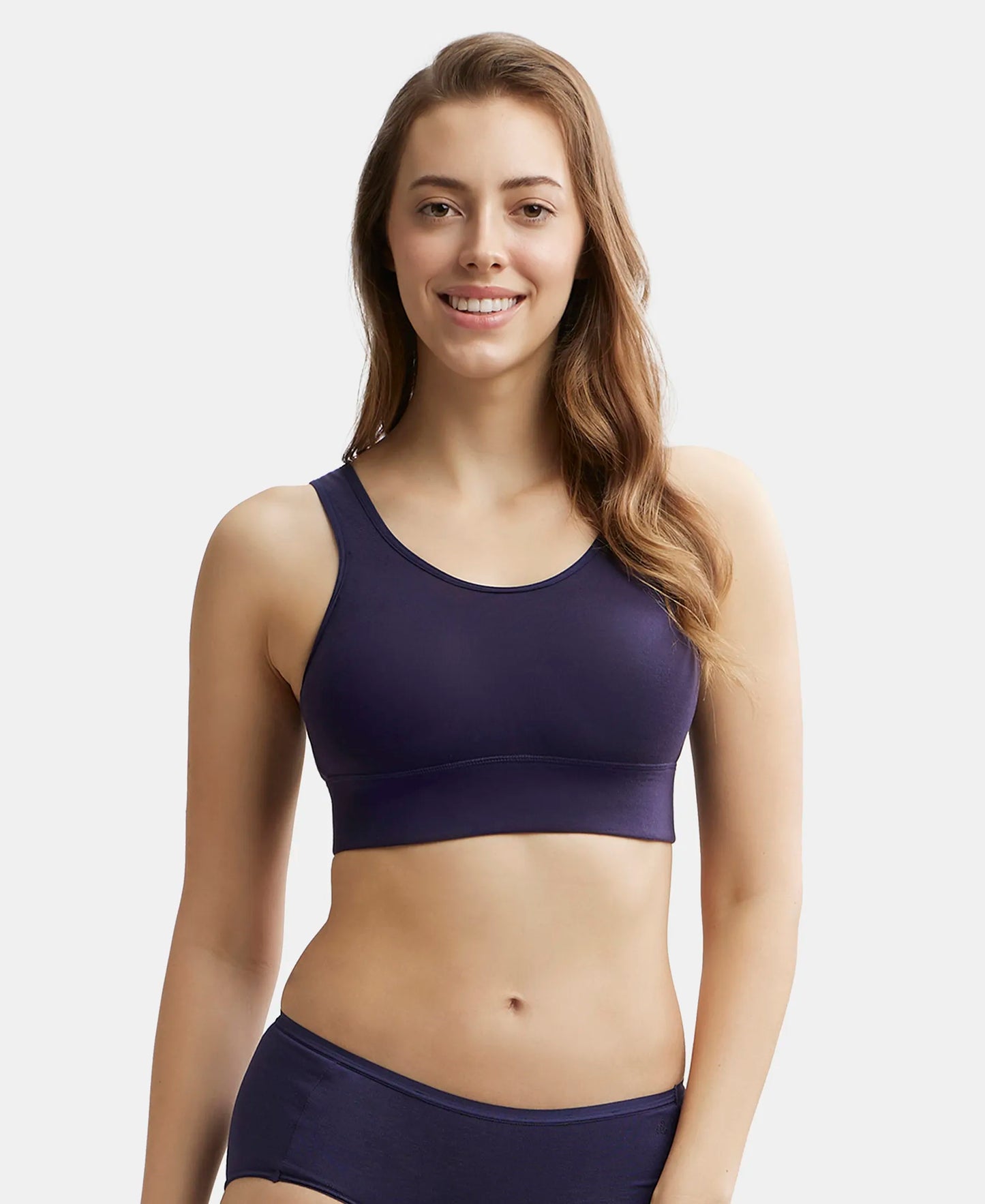 Wirefree Padded Tencel Lyocell Elastane Full Coverage Lounge Bra with Stay Fresh Properties and Removable Pads - Classic Navy-5