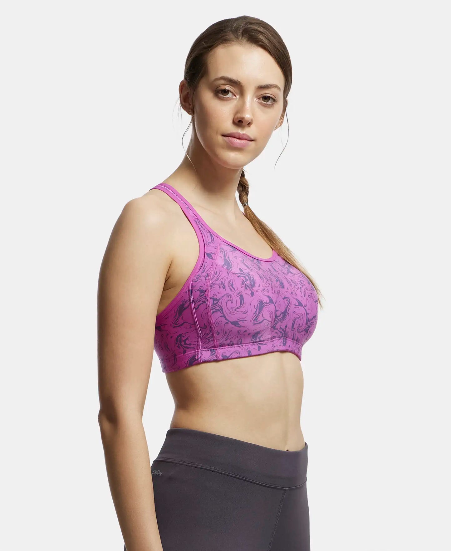 Wirefree Padded Microfiber Elastane Full Coverage Sports Bra with Optional Racer Back Styling - Lavender Scent Assorted Prints-2