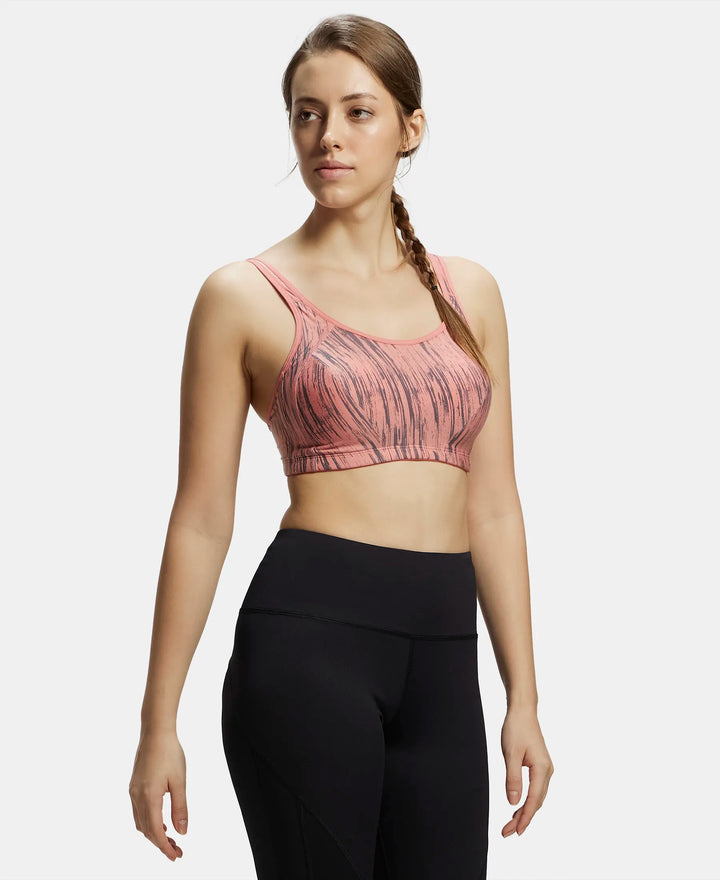 Wirefree Padded Microfiber Elastane Full Coverage Sports Bra with Optional Racer Back Styling - Peach Blossom Assorted Prints-2