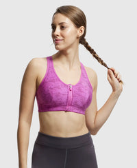 Wirefree Padded Microfiber Elastane Full Coverage Racer Back Sports Bra with Front Zipper Styling - Lavender Scent Assorted Prints-2