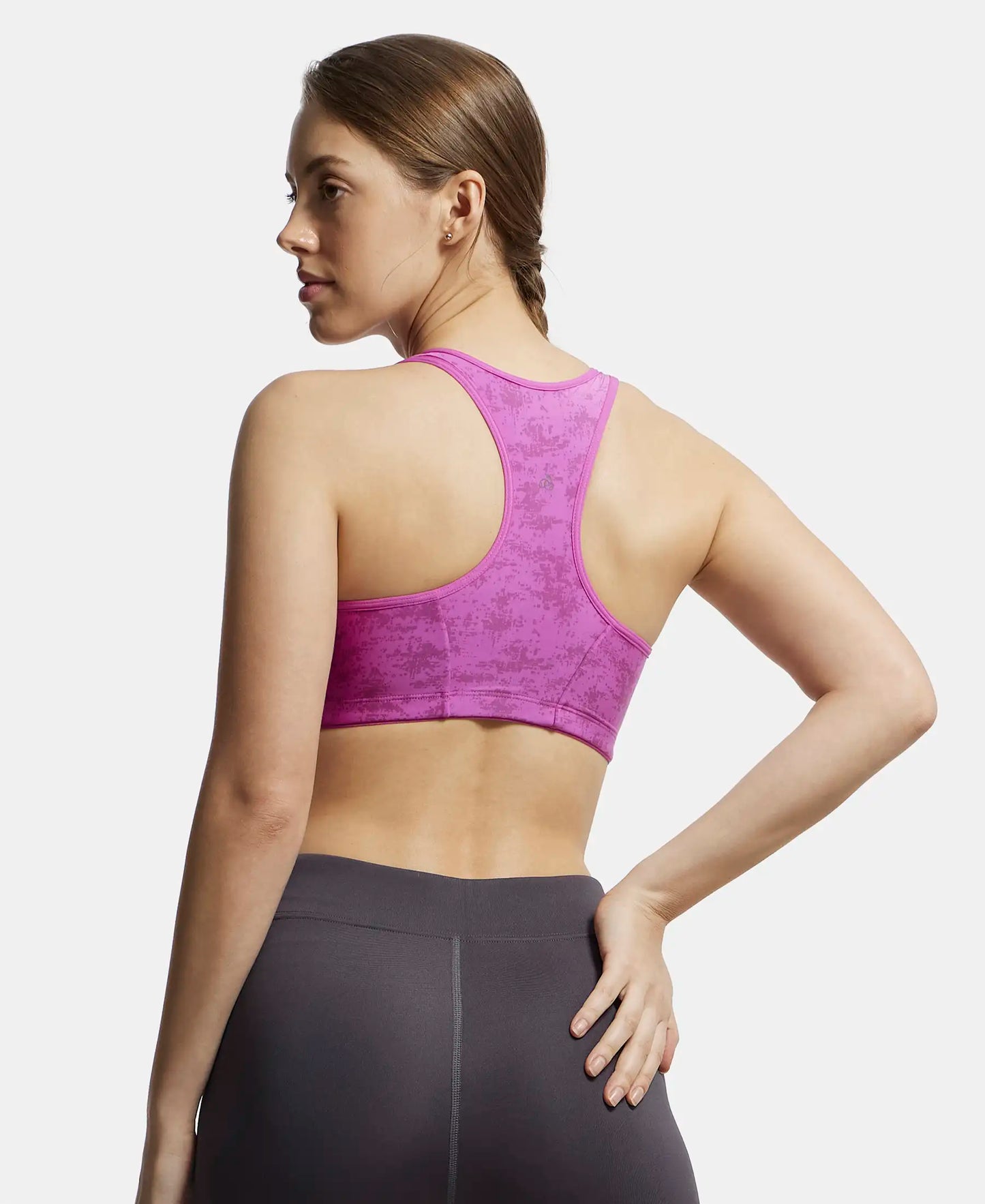 Wirefree Padded Microfiber Elastane Full Coverage Racer Back Sports Bra with Front Zipper Styling - Lavender Scent Assorted Prints-3
