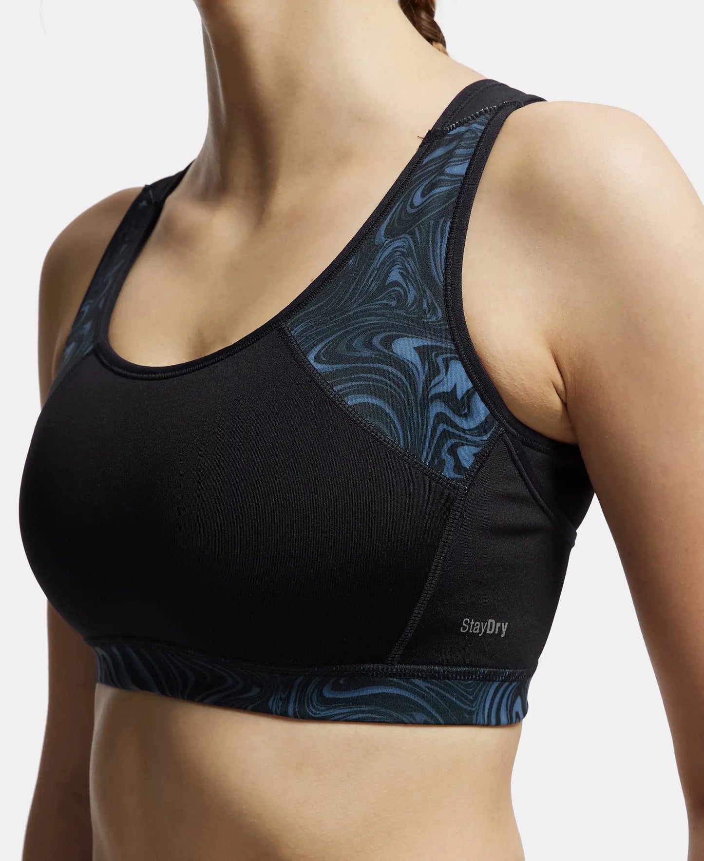 Wirefree Padded Microfiber Elastane Full Coverage Racer Back Styling Sports Bra with StayFresh and StayDry Treatment - Black Assorted Prints-7