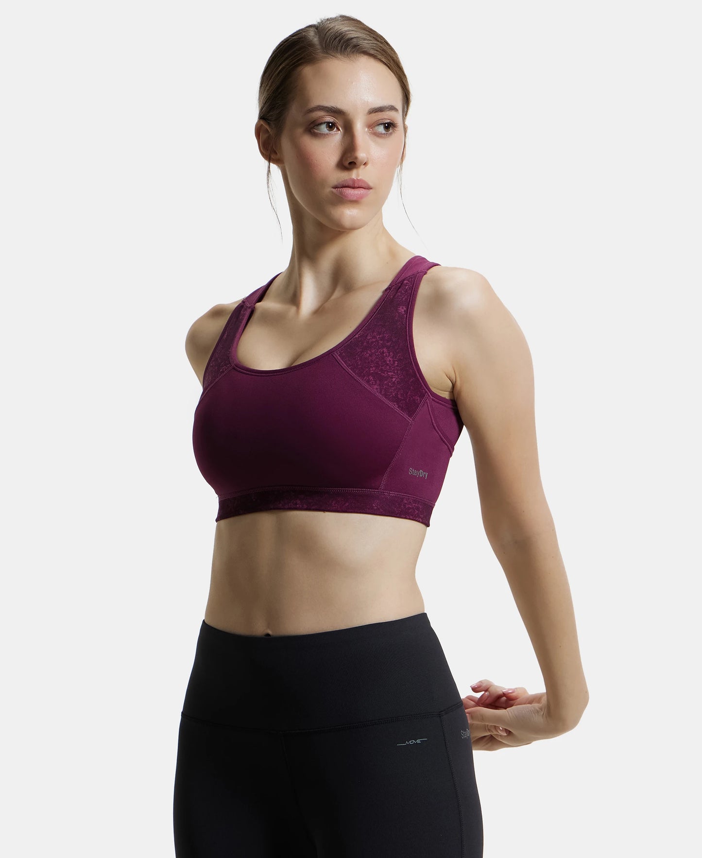 Wirefree Padded Microfiber Elastane Full Coverage Racer Back Styling Sports Bra with StayFresh and StayDry Treatment - Grapewine Print-5