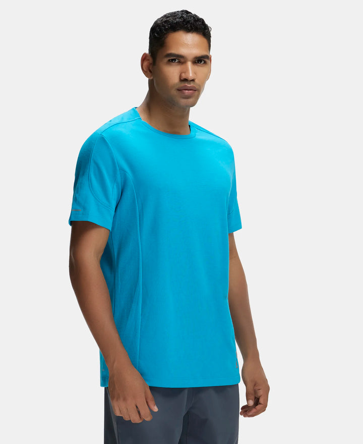 Super Combed Cotton Blend Solid Round Neck Half Sleeve T-Shirt with Breathable Mesh - Caribbean Sea-2