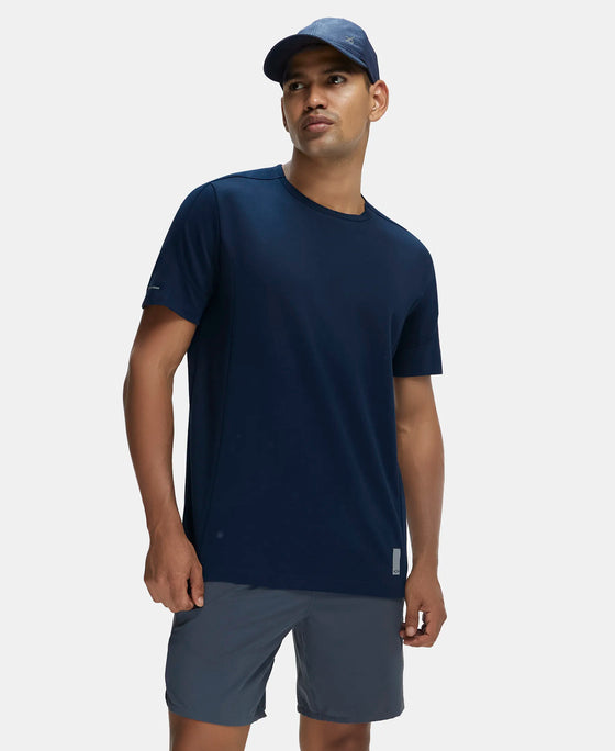 Super Combed Cotton Blend Solid Round Neck Half Sleeve T-Shirt with Breathable Mesh - Navy-5