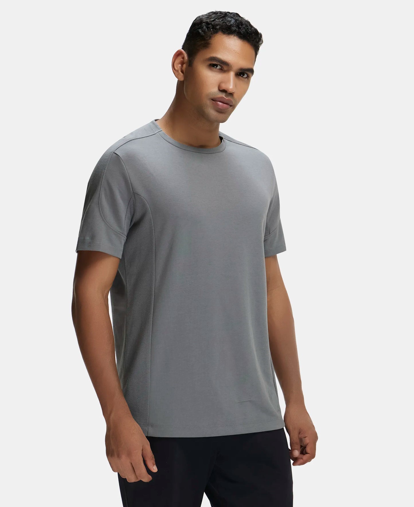 Super Combed Cotton Blend Solid Round Neck Half Sleeve T-Shirt with Breathable Mesh - Quiet Shade-2