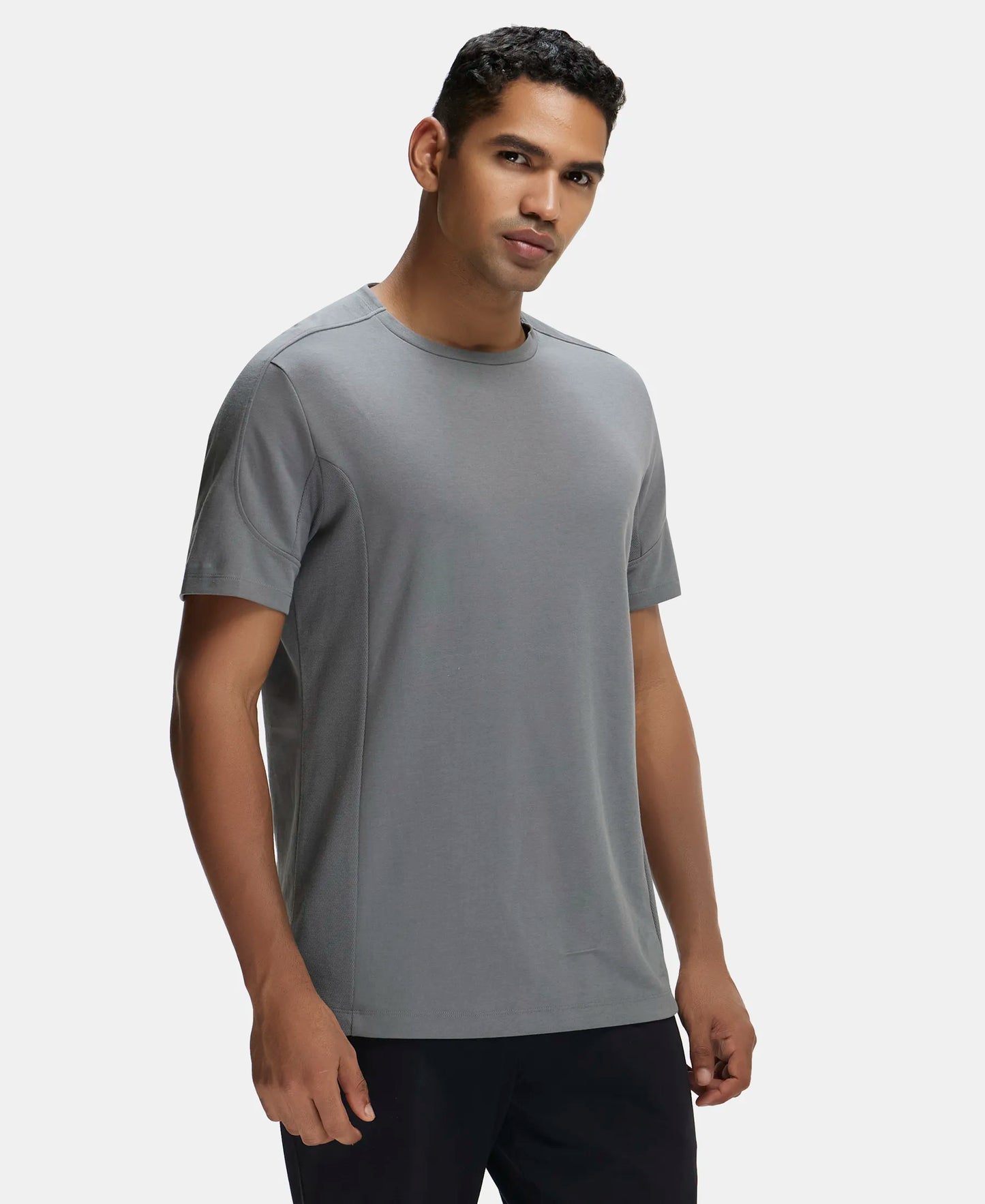Super Combed Cotton Blend Solid Round Neck Half Sleeve T-Shirt with Breathable Mesh - Quiet Shade-2