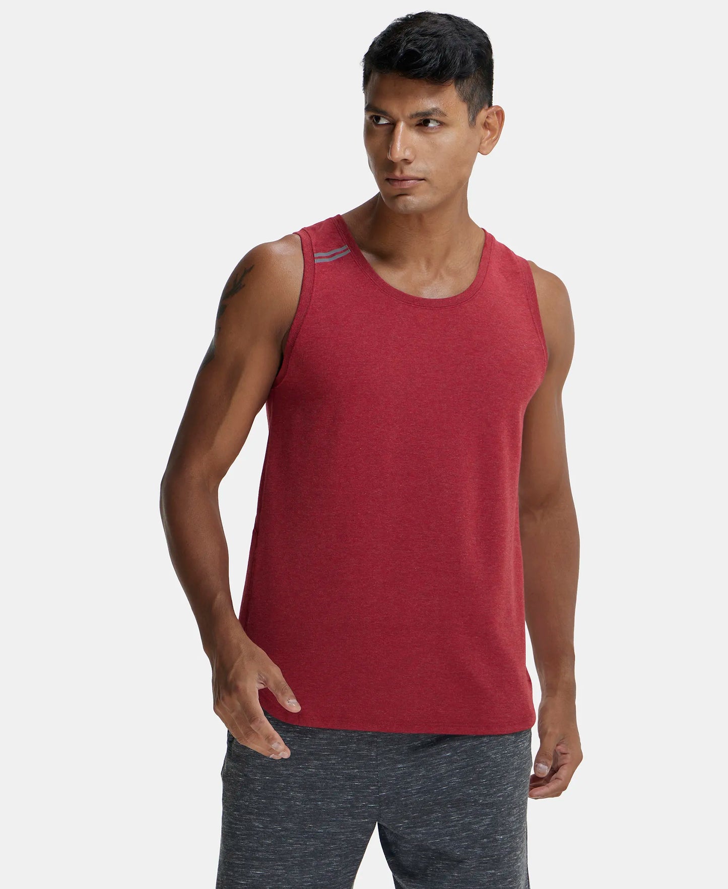 Super Combed Cotton Blend Solid Performance Tank Top with Breathable Mesh - Bric Red Melange-1