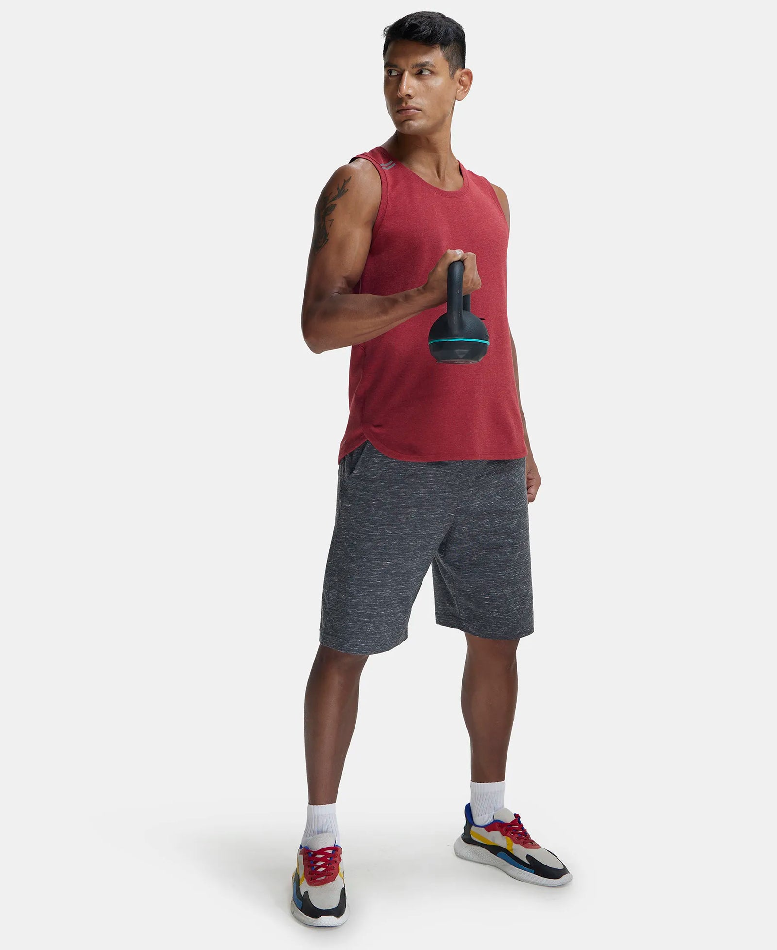 Super Combed Cotton Blend Solid Performance Tank Top with Breathable Mesh - Bric Red Melange-4