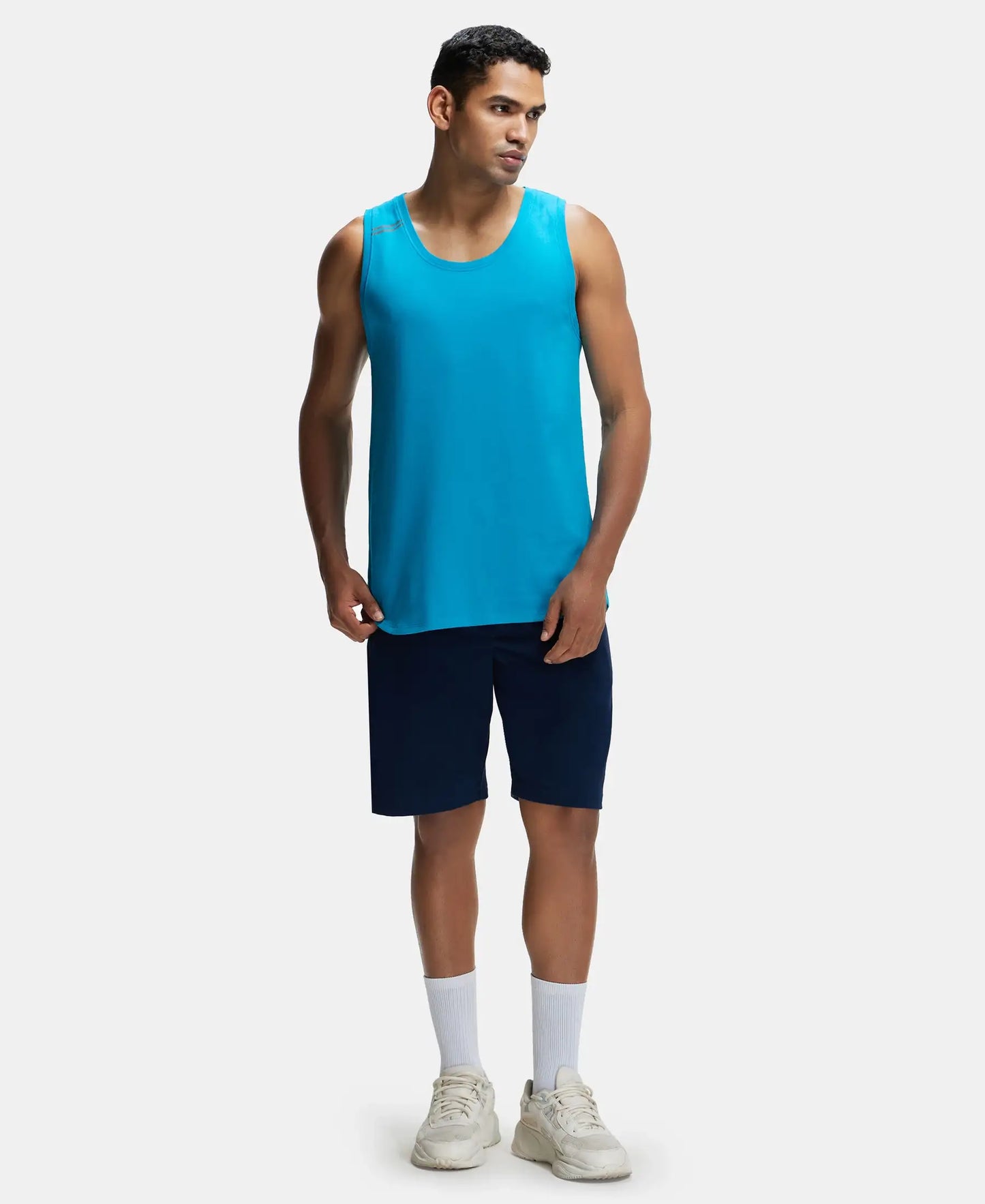 Super Combed Cotton Blend Solid Performance Tank Top with Breathable Mesh - Caribbean Sea-4