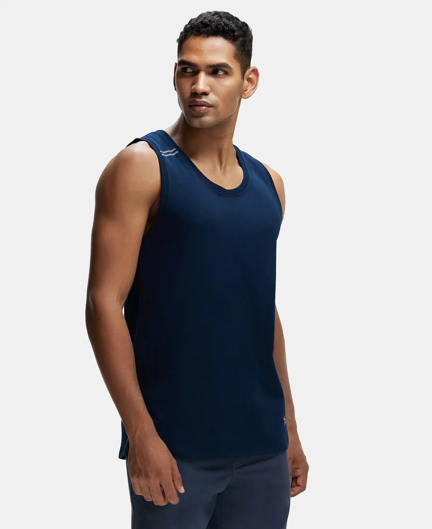 Super Combed Cotton Blend Solid Performance Tank Top with Breathable Mesh - Navy-2