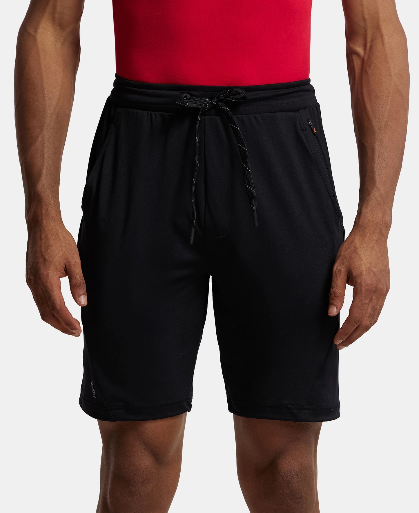 Microfiber Elastane Stretch Solid Shorts with Zipper Media Pocket and StayFresh Treatment - Black-1