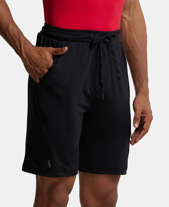 Microfiber Elastane Stretch Solid Shorts with Zipper Media Pocket and StayFresh Treatment - Black-2