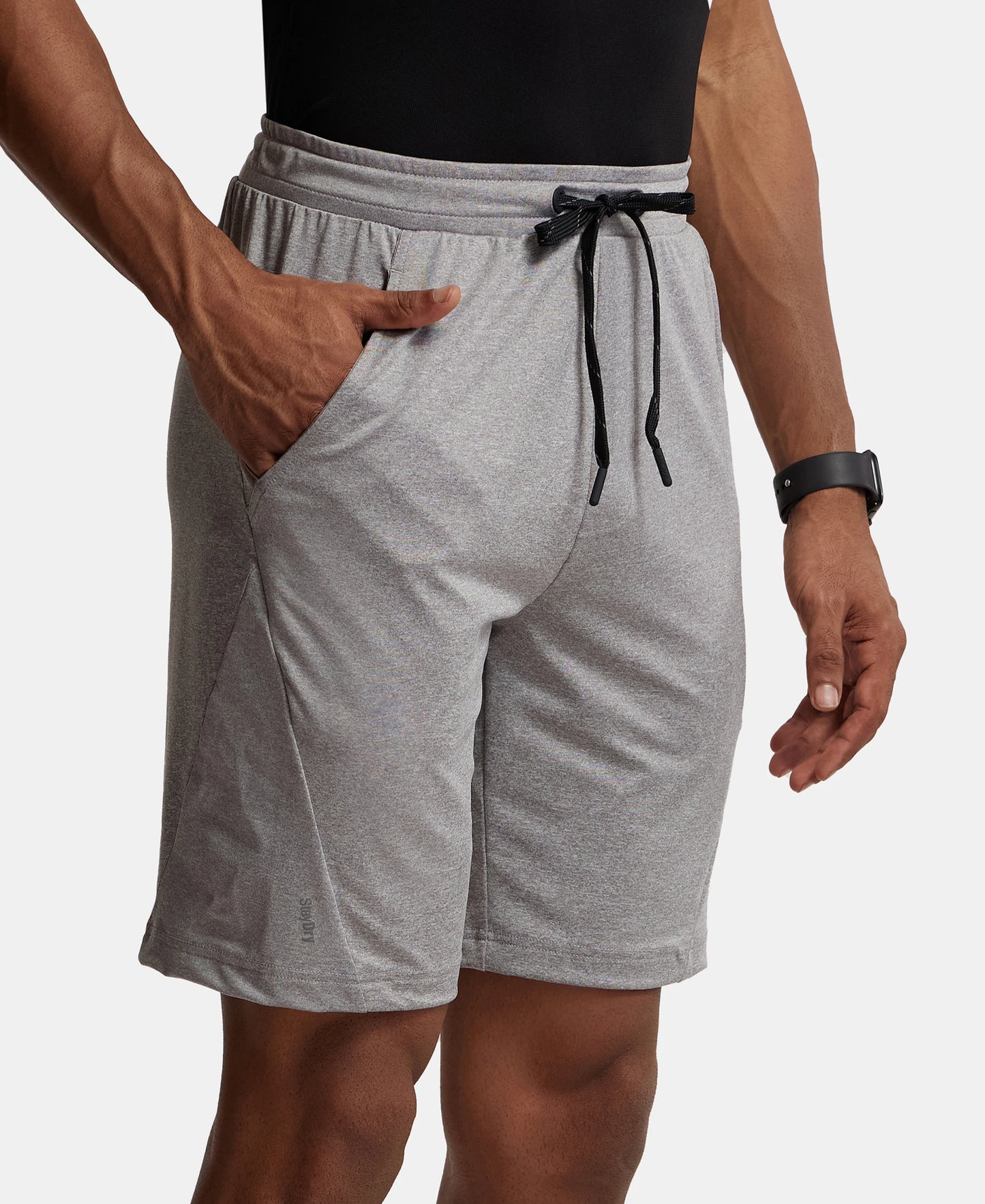 Microfiber Elastane Stretch Solid Shorts with Zipper Media Pocket and StayFresh Treatment - Light Steel Grey-2