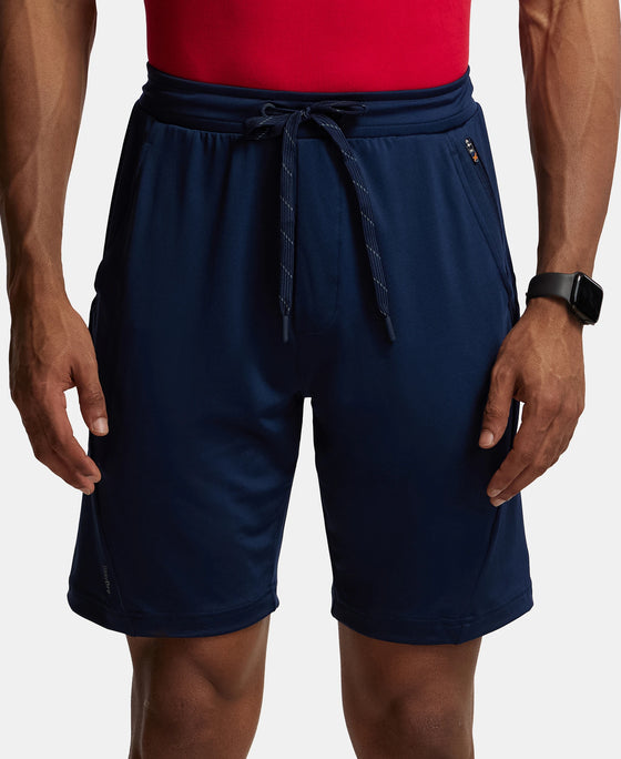 Microfiber Elastane Stretch Solid Shorts with Zipper Media Pocket and StayFresh Treatment - Navy-1