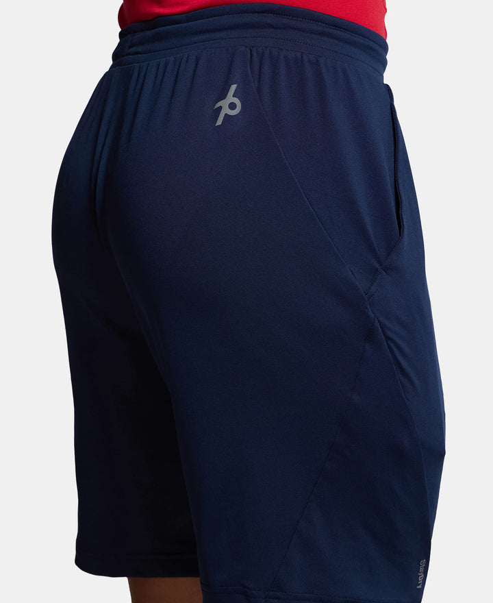 Microfiber Elastane Stretch Solid Shorts with Zipper Media Pocket and StayFresh Treatment - Navy-7