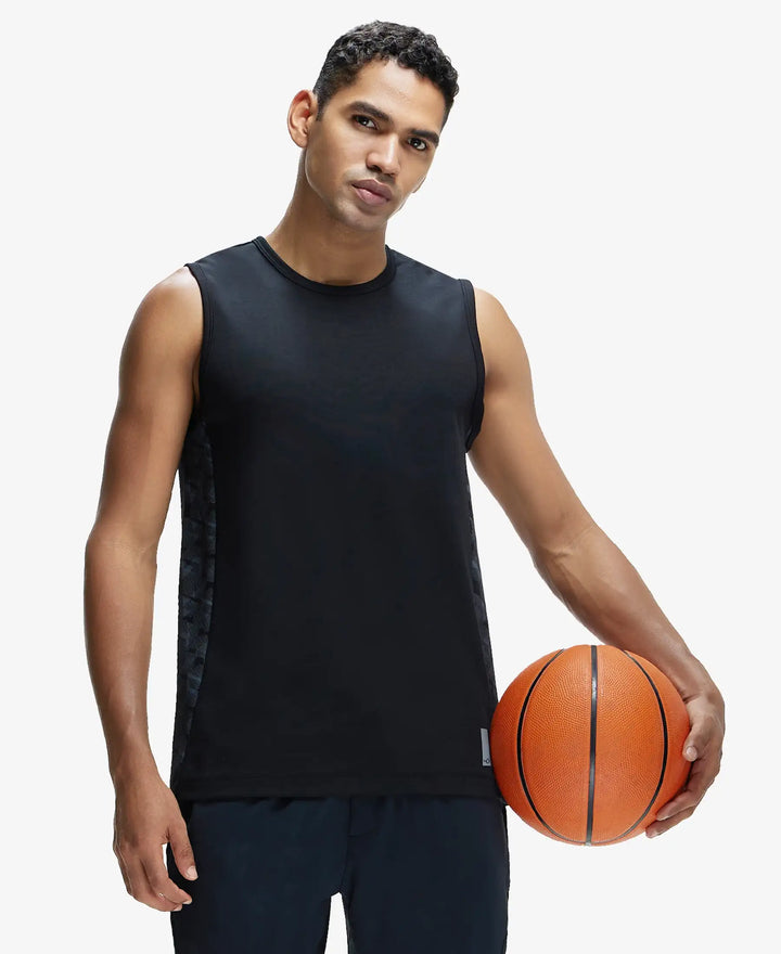 Super Combed Cotton Blend Round Neck Muscle Tee with Breathable Mesh - Black-5