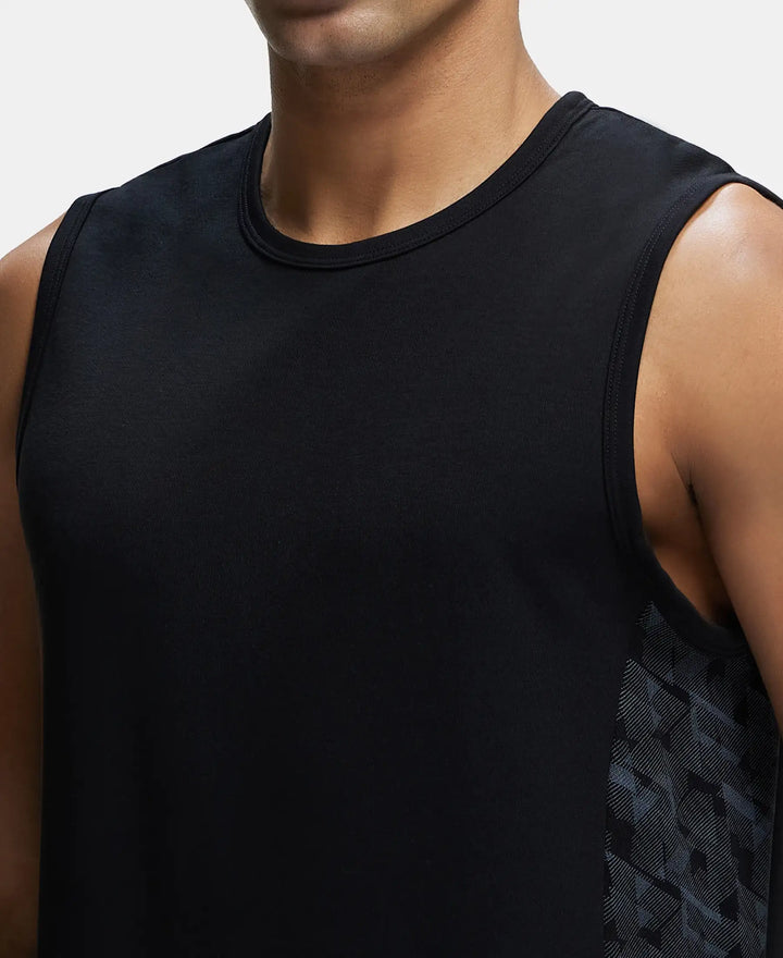Super Combed Cotton Blend Round Neck Muscle Tee with Breathable Mesh - Black-6