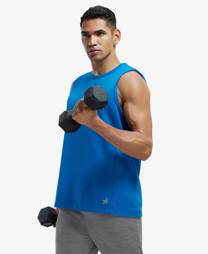 Super Combed Cotton Blend Round Neck Muscle Tee with Breathable Mesh - Move Blue-5