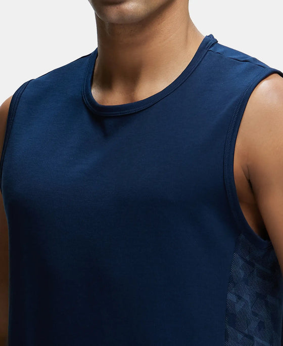 Super Combed Cotton Blend Round Neck Muscle Tee with Breathable Mesh - Navy-6