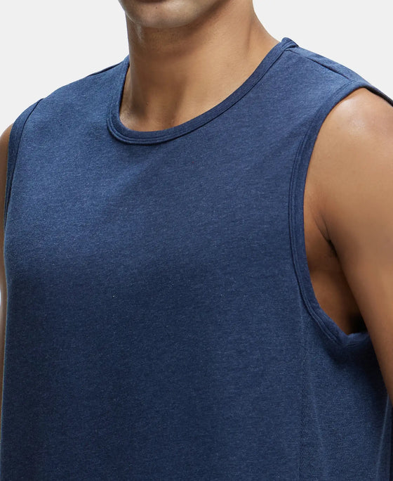 Super Combed Cotton Blend Round Neck Muscle Tee with Breathable Mesh - Navy Melange-6