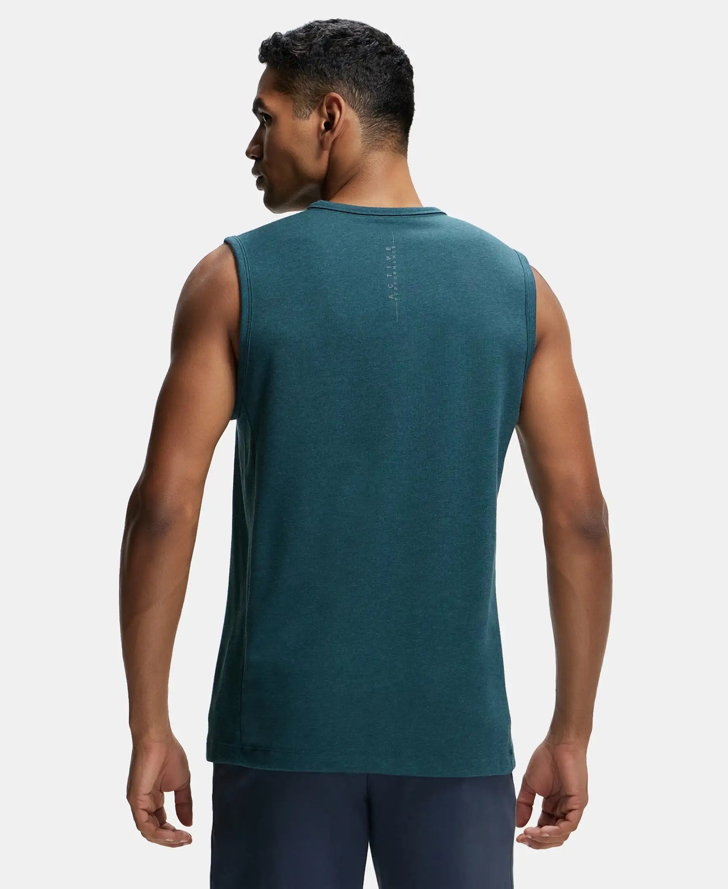 Super Combed Cotton Blend Round Neck Muscle Tee with Breathable Mesh - Pine Melange-3