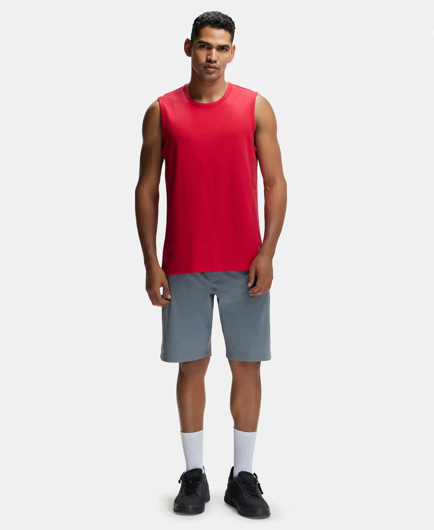 Super Combed Cotton Blend Round Neck Muscle Tee with Breathable Mesh - Team Red-4