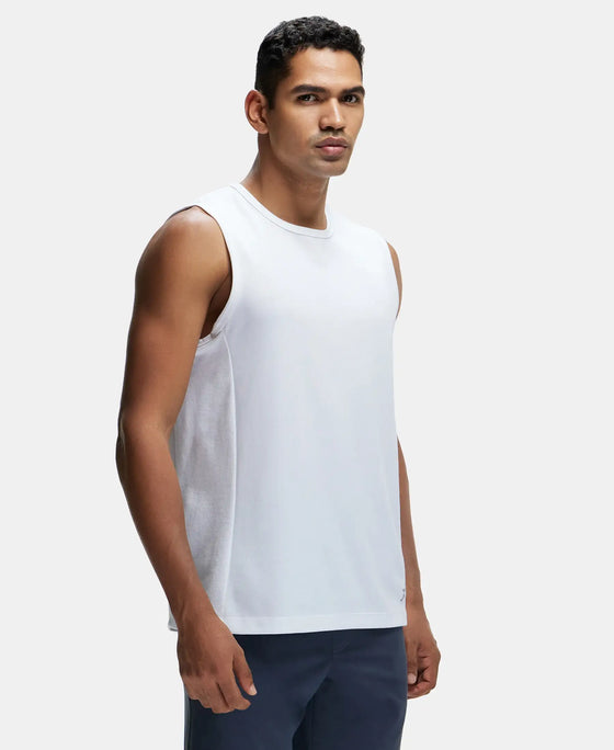 Super Combed Cotton Blend Round Neck Muscle Tee with Breathable Mesh - White-2