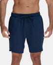 Recycled Microfiber Elastane Stretch Solid Shorts with Zipper Pocket and StayFresh Treatment - Navy-1
