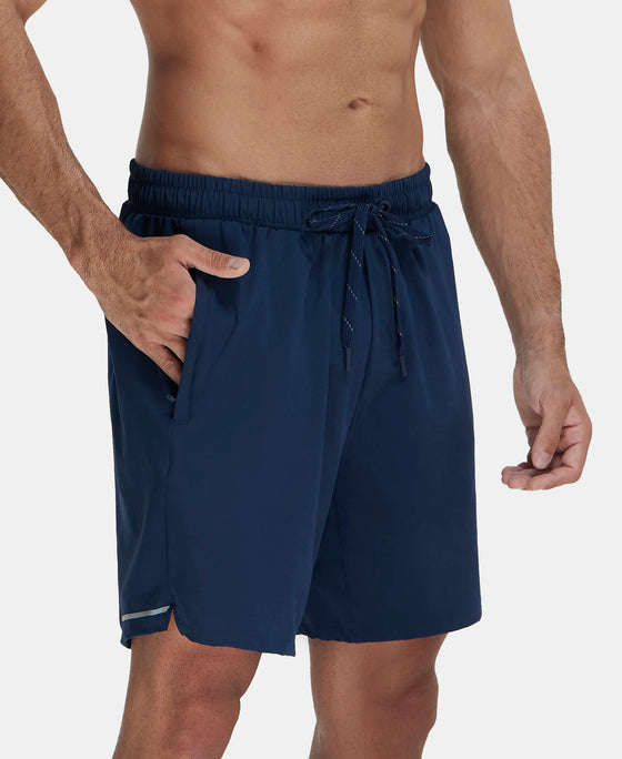 Recycled Microfiber Elastane Stretch Solid Shorts with Zipper Pocket and StayFresh Treatment - Navy-2