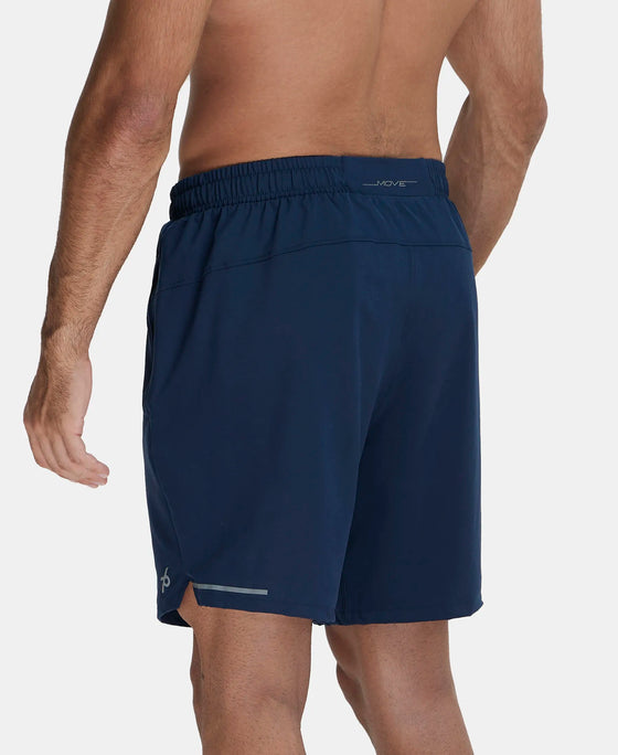 Recycled Microfiber Elastane Stretch Solid Shorts with Zipper Pocket and StayFresh Treatment - Navy-3