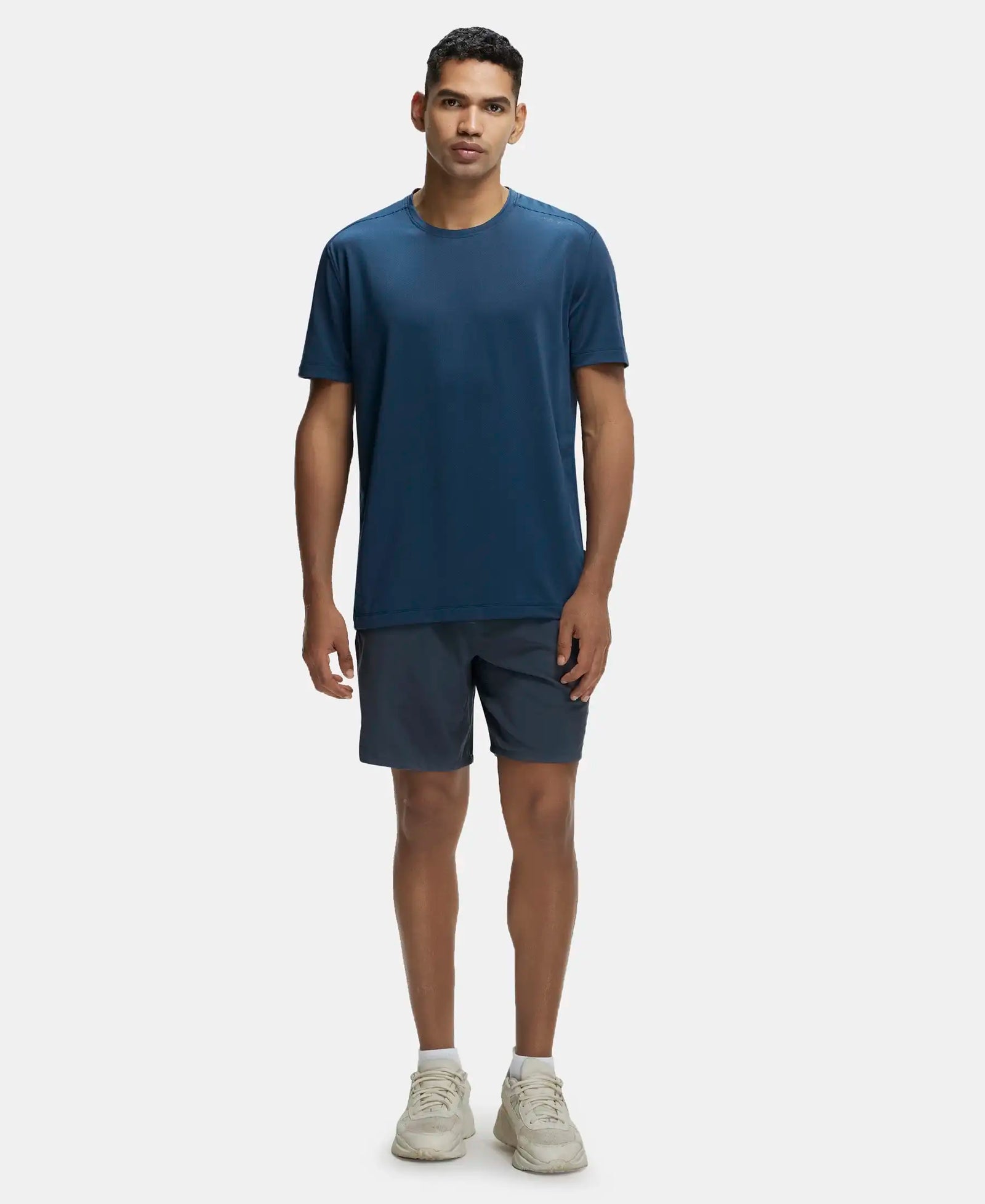 Recycled Microfiber Elastane Stretch Fabric Round Neck Half Sleeve Breathable Mesh T-Shirt - Mid Night Navy-4