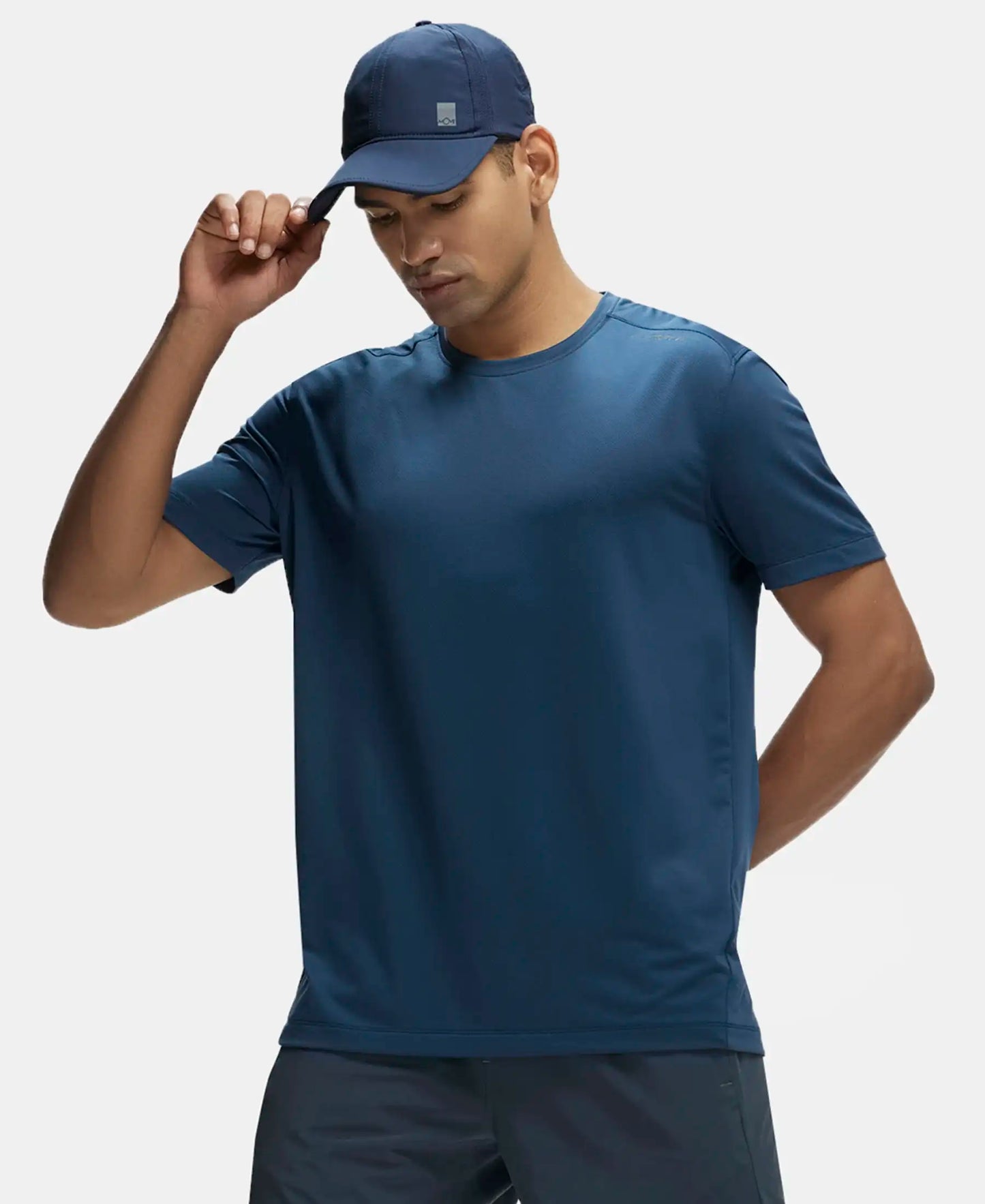 Recycled Microfiber Elastane Stretch Fabric Round Neck Half Sleeve Breathable Mesh T-Shirt - Mid Night Navy-5