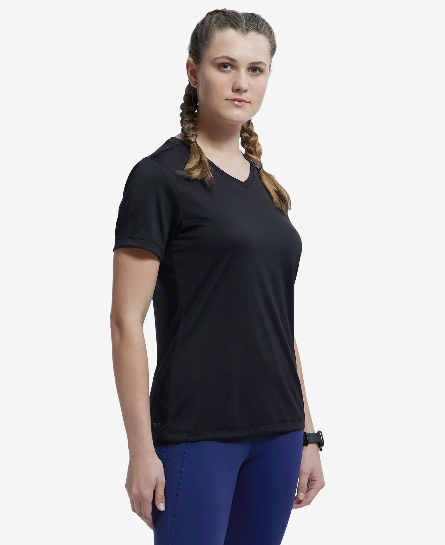 Microfiber Fabric Relaxed Fit Solid V Neck Half Sleeve Performance T-Shirt - Black-2