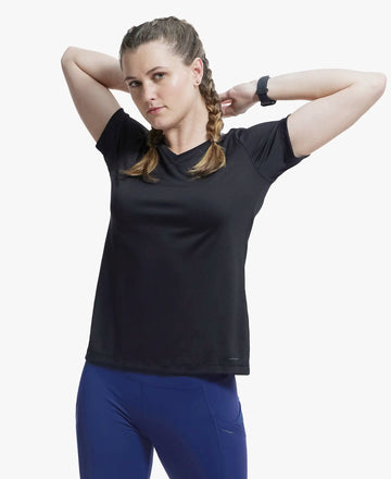 Microfiber Fabric Relaxed Fit Solid V Neck Half Sleeve Performance T-Shirt - Black-5