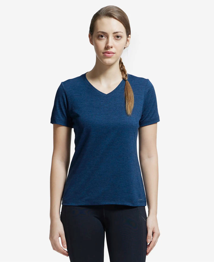 Microfiber Fabric Relaxed Fit Solid V Neck Half Sleeve Performance T-Shirt - Cosmic Sapphire-1