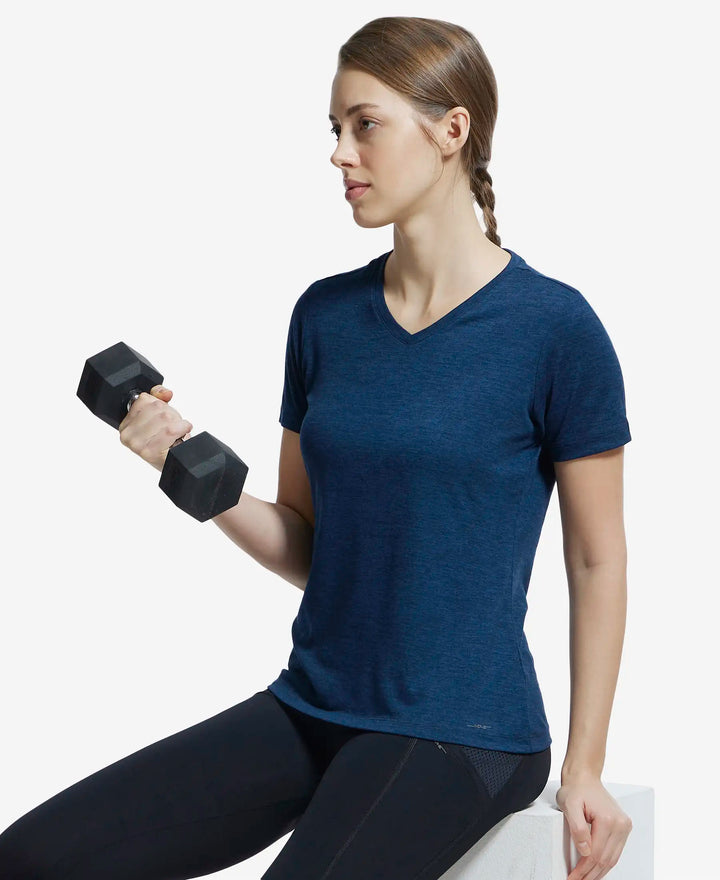 Microfiber Fabric Relaxed Fit Solid V Neck Half Sleeve Performance T-Shirt - Cosmic Sapphire-5