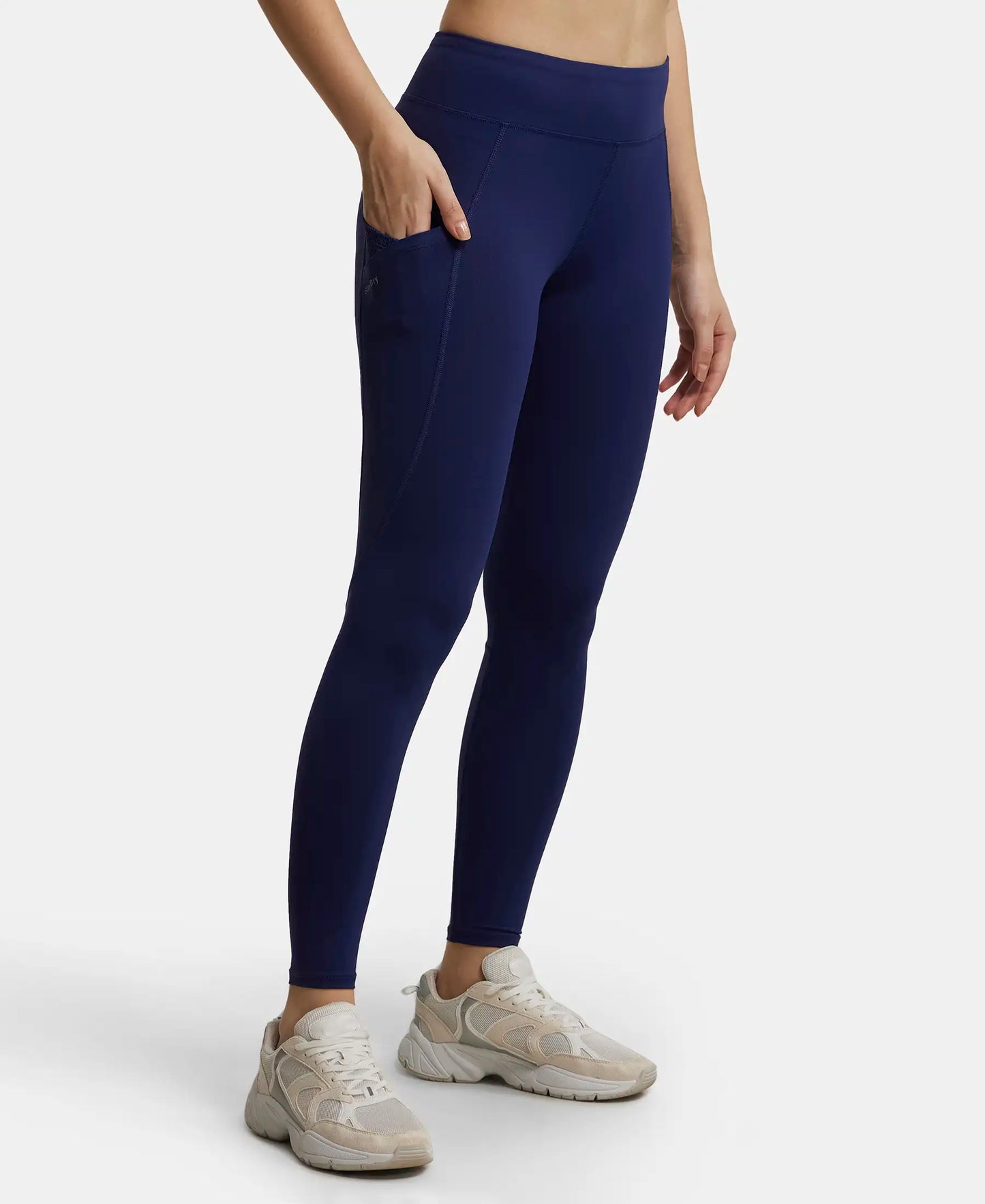 Tactel Microfiber Elastane Performance Leggings with Broadwaistband & Side Pockets - Midnight Sail-2