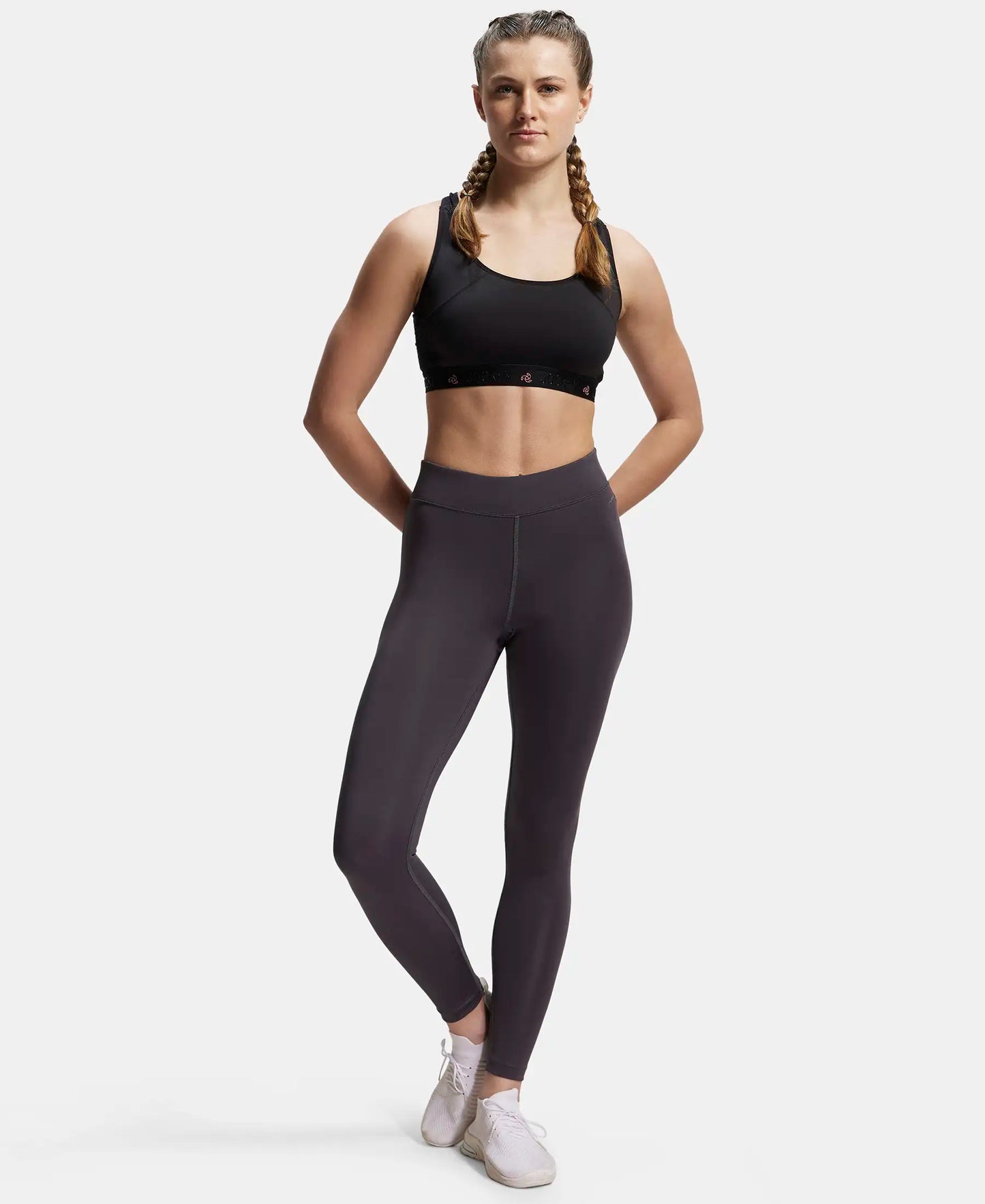 Microfiber Elastane Performance Leggings with Broad Waistband - Forged Iron-4