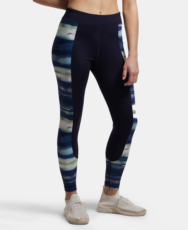 Microfiber Elastane Printed Panel Performance Leggings - Peacoat-2