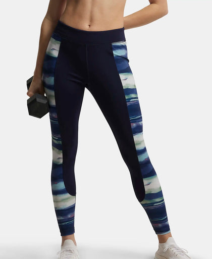 Microfiber Elastane Printed Panel Performance Leggings - Peacoat-5