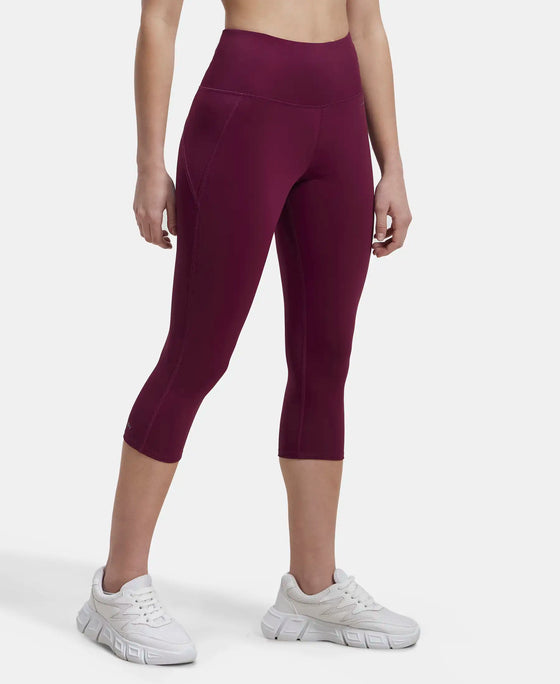 Microfiber Elastane Slim Fit Capri with Back Waistband Pocket - Grape Wine-2