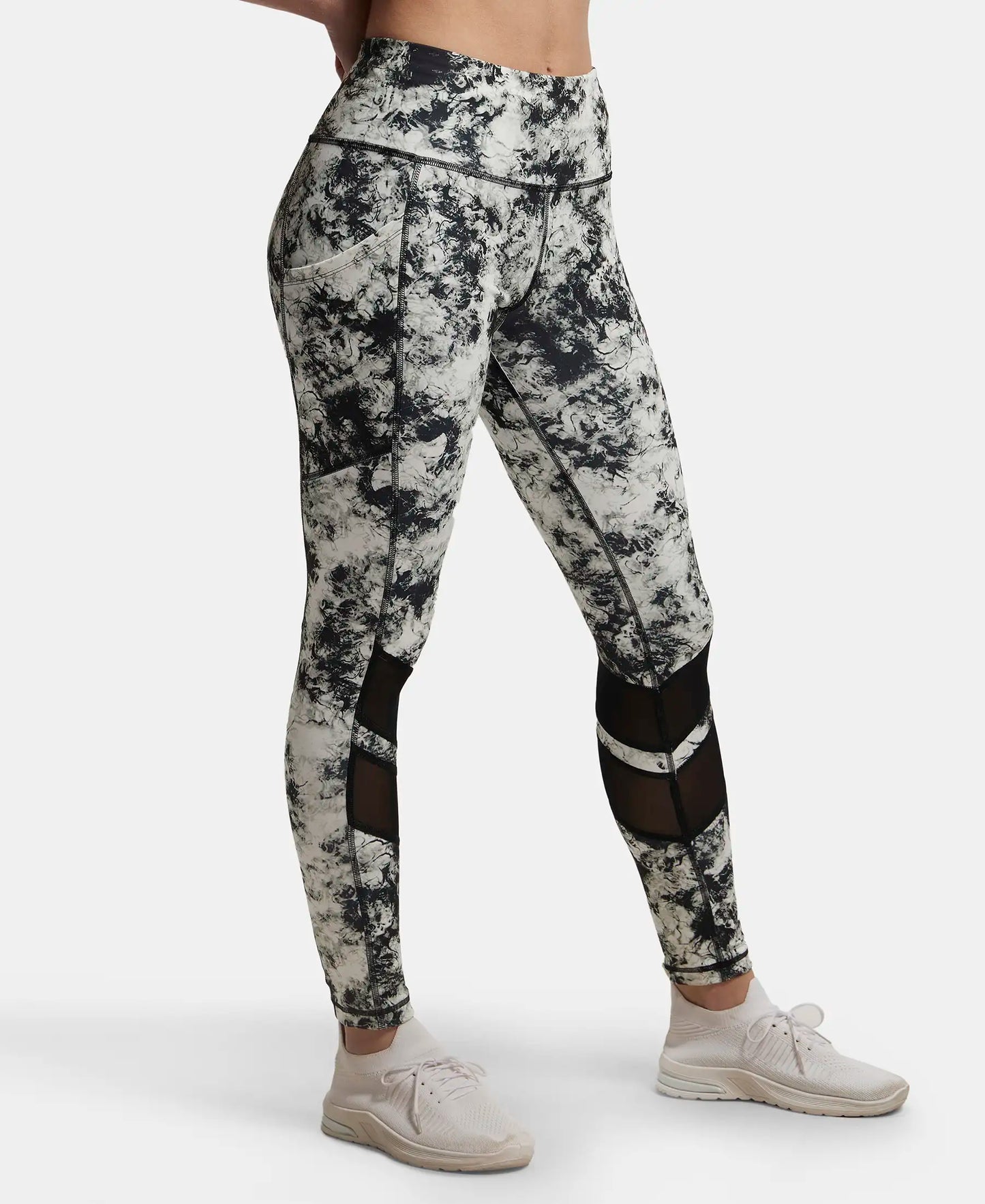 Microfiber Elastane Performance Leggings with Breathable Mesh - Black Printed-2