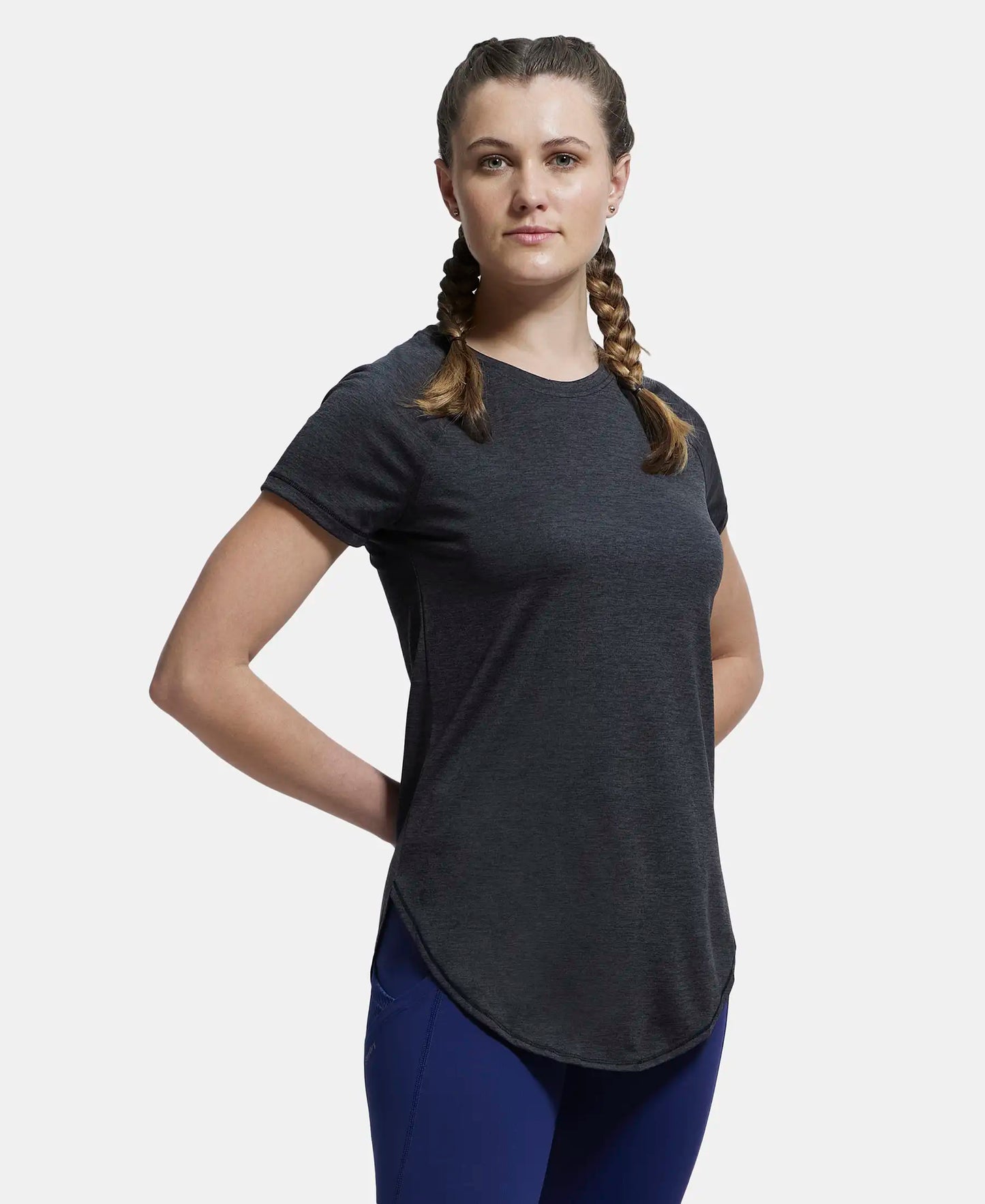 Microfiber Fabric Relaxed Fit Solid Curved Hem Styled Half Sleeve T-Shirt - Black-2