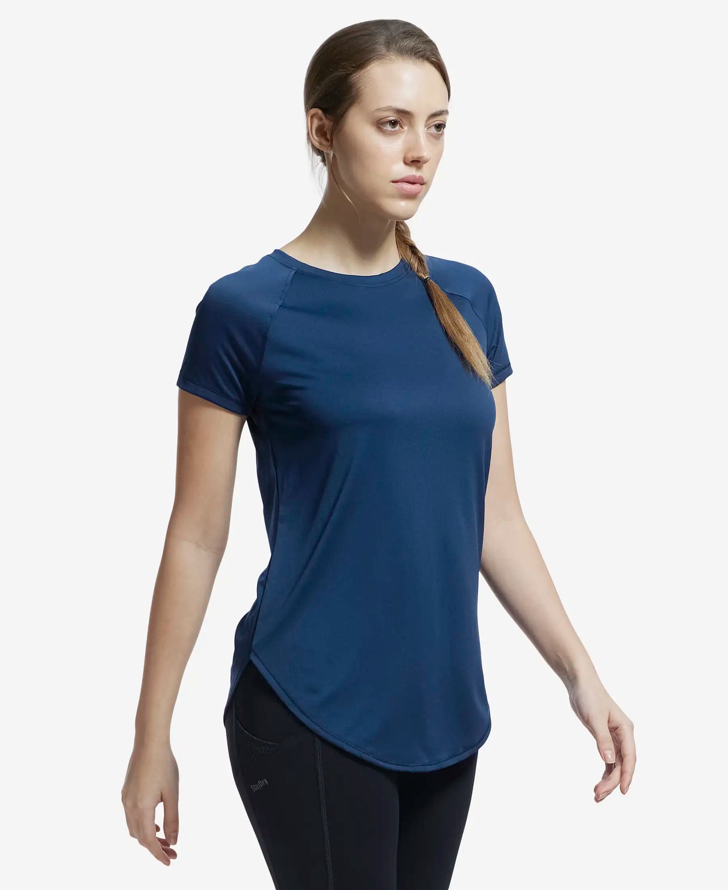 Microfiber Fabric Relaxed Fit Solid Curved Hem Styled Half Sleeve T-Shirt - Cosmic Sapphire-2