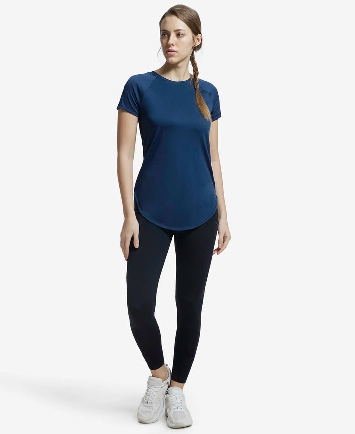 Microfiber Fabric Relaxed Fit Solid Curved Hem Styled Half Sleeve T-Shirt - Cosmic Sapphire-4