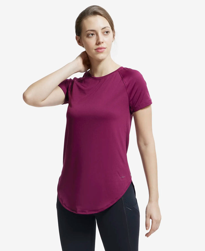 Microfiber Fabric Relaxed Fit Solid Curved Hem Styled Half Sleeve T-Shirt - Grape Wine-5