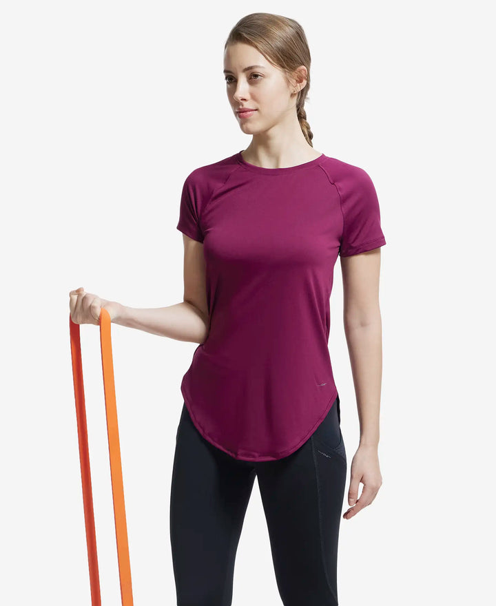 Microfiber Fabric Relaxed Fit Solid Curved Hem Styled Half Sleeve T-Shirt - Grape Wine-6