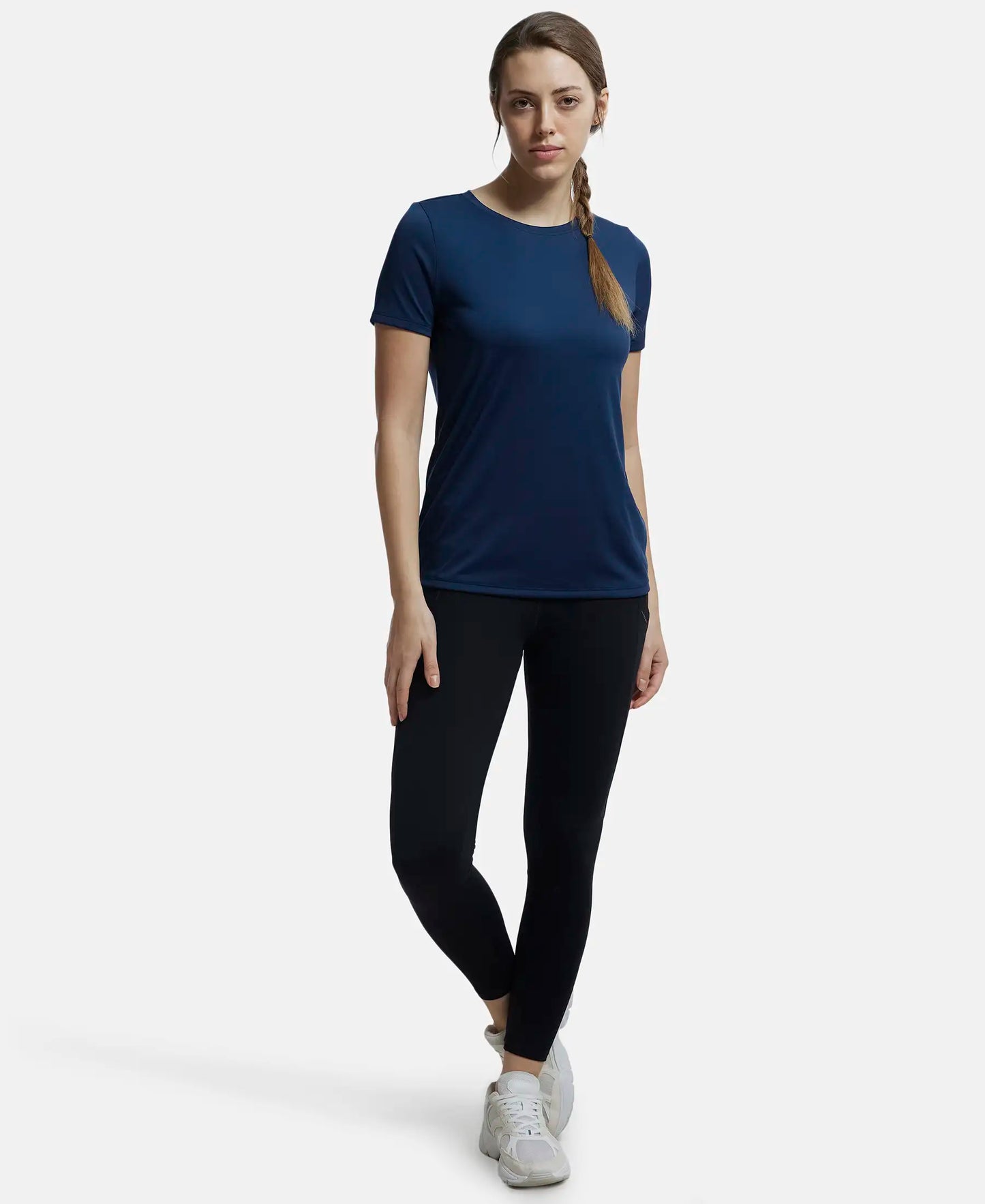 Microfiber Polyester Fabric Relaxed Fit Solid Round Neck Half Sleeve T-Shirt - Cosmic Sapphire-4