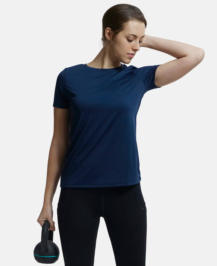 Microfiber Polyester Fabric Relaxed Fit Solid Round Neck Half Sleeve T-Shirt - Cosmic Sapphire-5